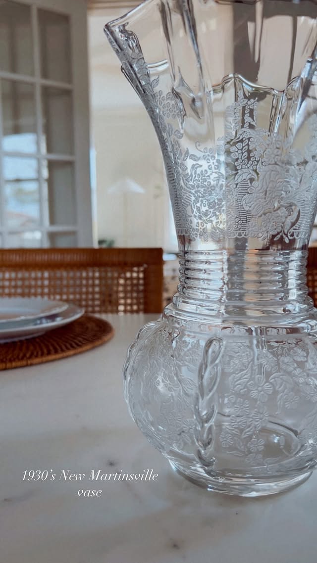 1930s New Martinsville etched crystal vase in window light
